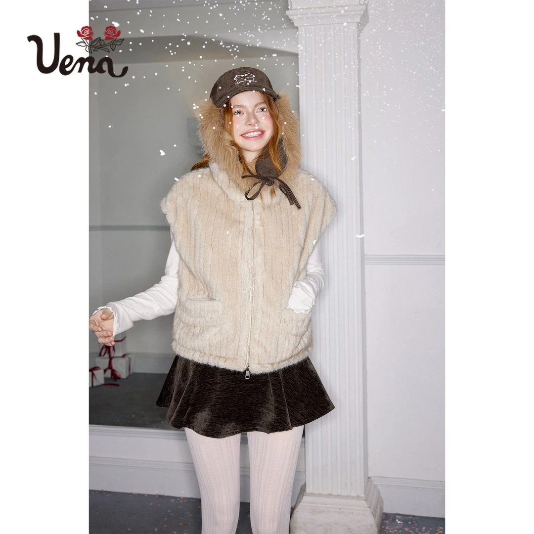人造皮草 【美娇专属】Uena美式复古驼色立领环保皮 草无袖拉链加厚