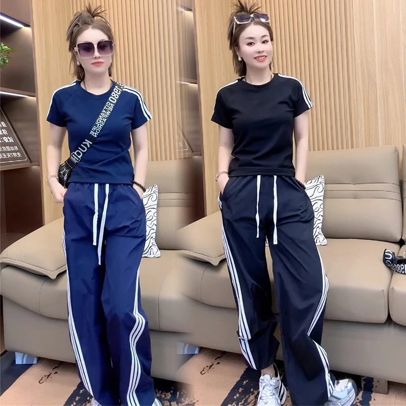 夏季新款时尚圆领短袖运动搭配抽绳牛仔夏装套装两件套洋气女士