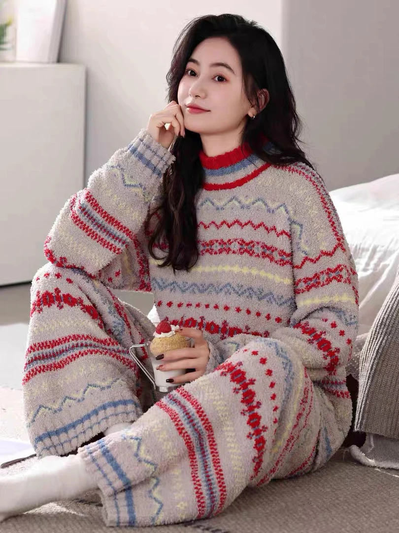 半边绒睡衣女冬季加厚软绵绵复古风家居服女士可外穿冬天套装