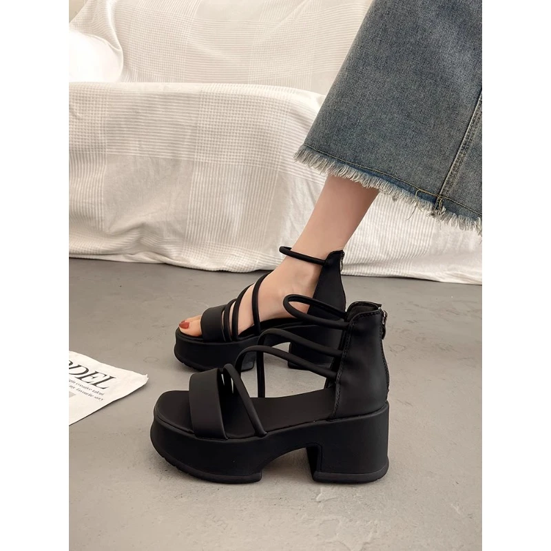 法式绝美高跟鞋女夏配裙厚底凉鞋2025新款外穿后拉链超火罗马女鞋