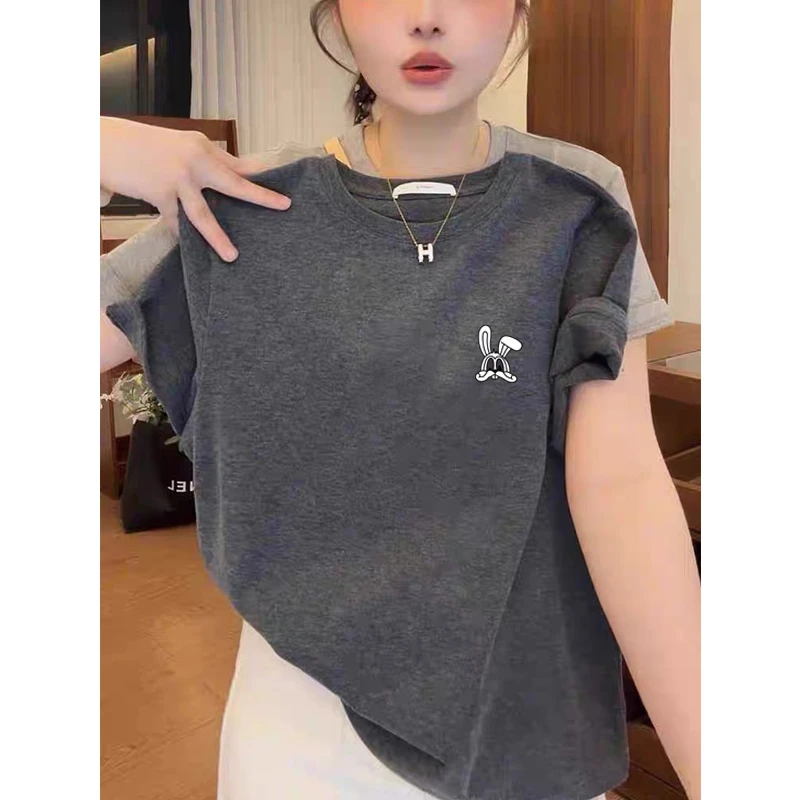 2025新款正肩短袖t恤女时尚百搭洋气深灰色上衣薄款打底衫夏季潮