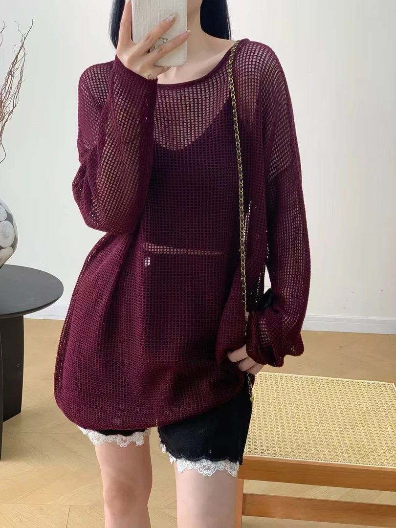 宽松圆领防晒针织罩衫镂空调衫夏季套头百搭复古小众设计感上衣