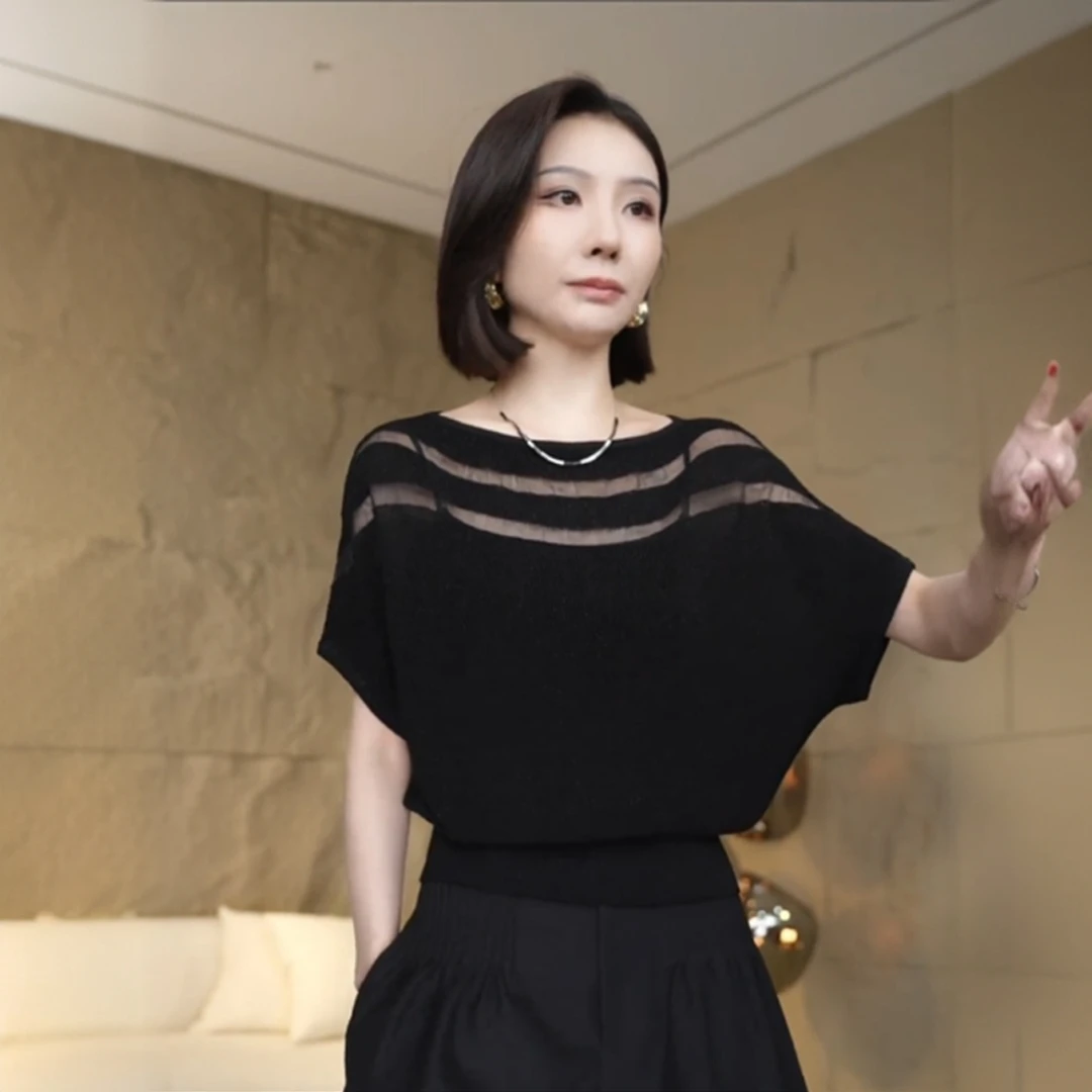 高级感时尚细闪设计感冰丝短袖针织衫女2025夏季新款镂空薄款上衣