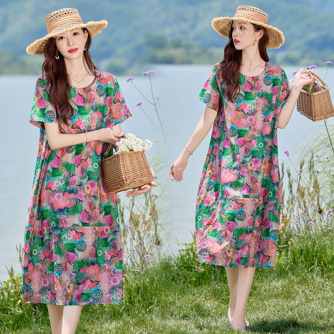 复古棉麻连衣裙女2025夏季短袖休闲中年妈妈印花宽松显瘦遮肚裙子