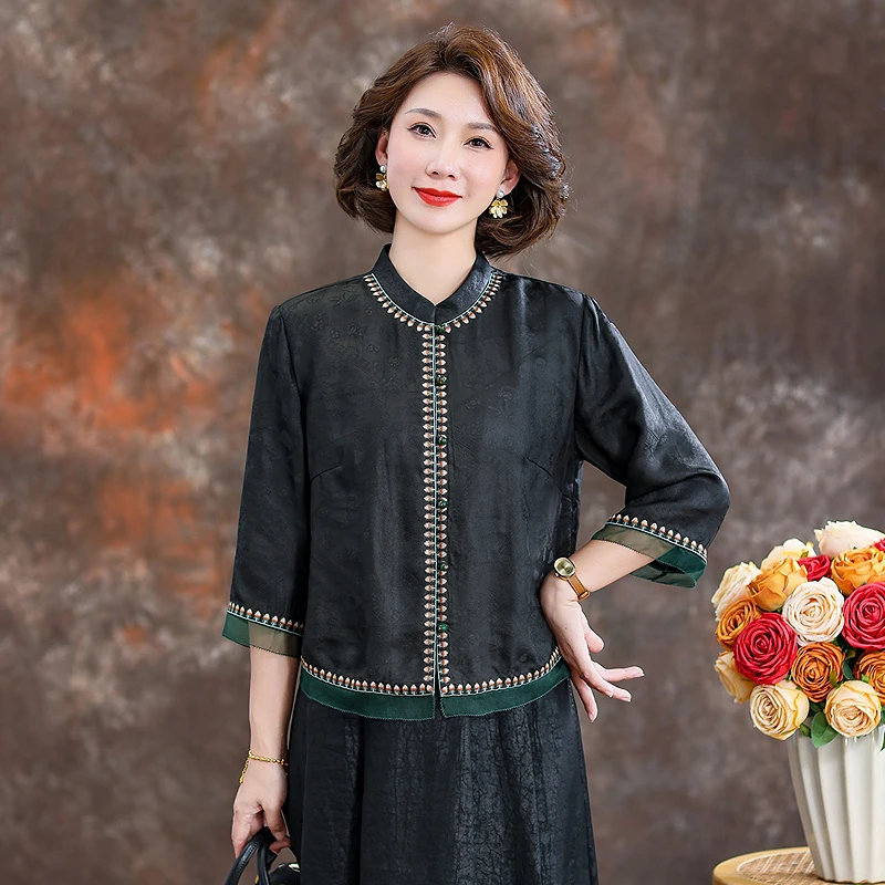 齐黛品牌香云纱上衣女士2025春季新款长袖高贵洋气妈妈装真丝衬衫