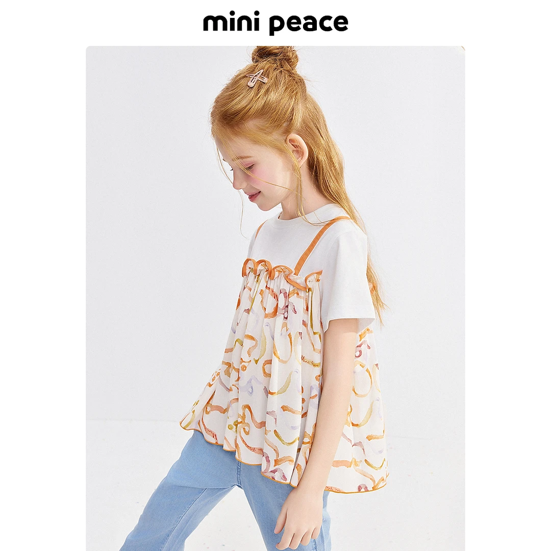 MINIPEACE太平鸟童装女童短袖T恤儿童花纹薄上衣宝宝夏装洋气