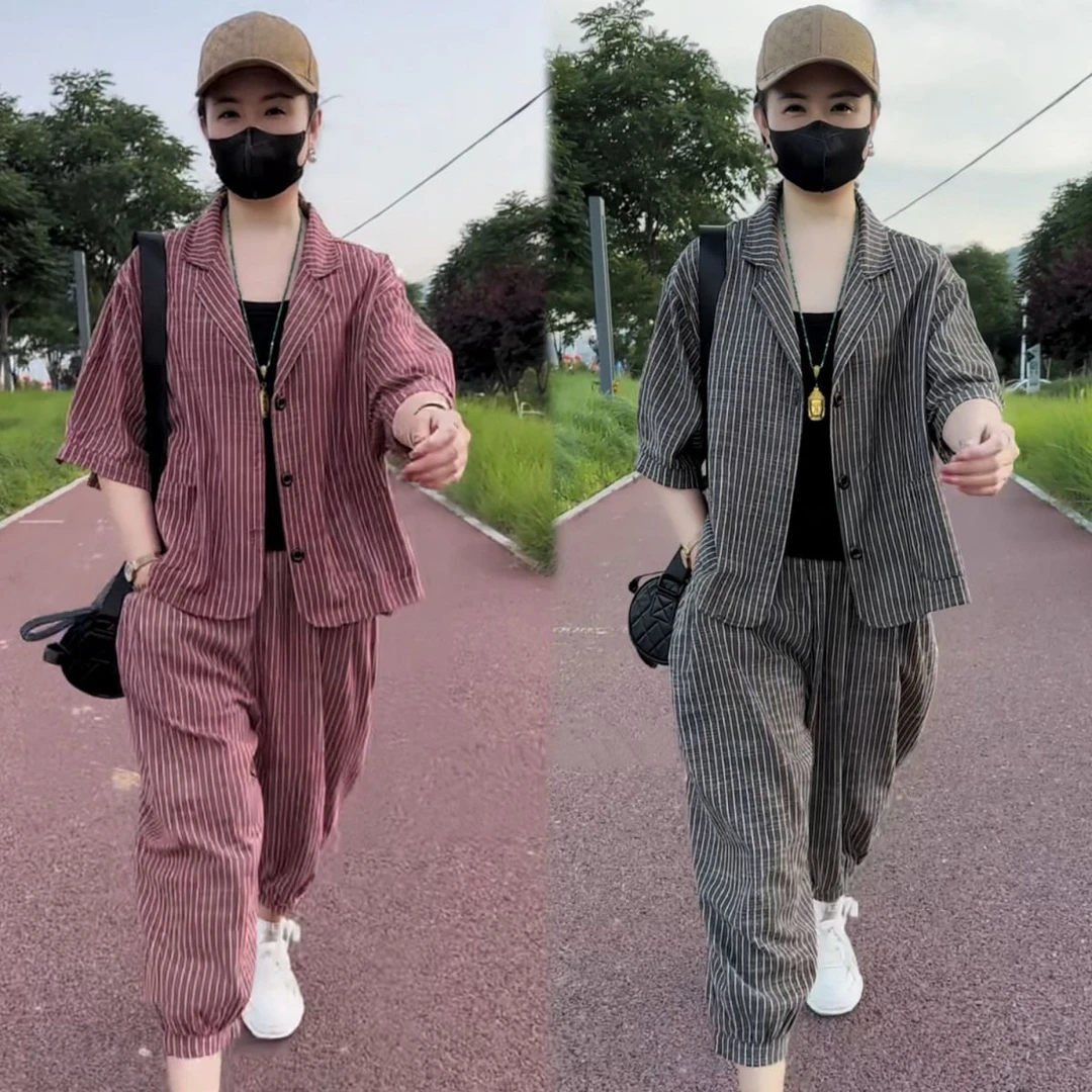 2025西服条纹水洗棉套装时尚春夏季宽松潮流条纹韩版休闲女两件套