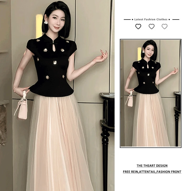 法式小香风高级感气质上衣女夏季新款显瘦网纱裙两件套