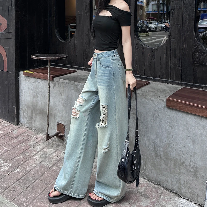 复古浅蓝破洞直筒牛仔裤女2025年秋季新款宽松显瘦小个子阔腿百搭