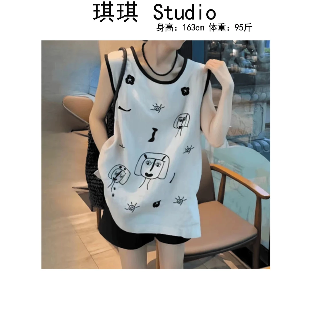 《琪琪家》夏季新款时尚圆领拼色卡通抽绳涂鸦显瘦减龄上衣25259-H