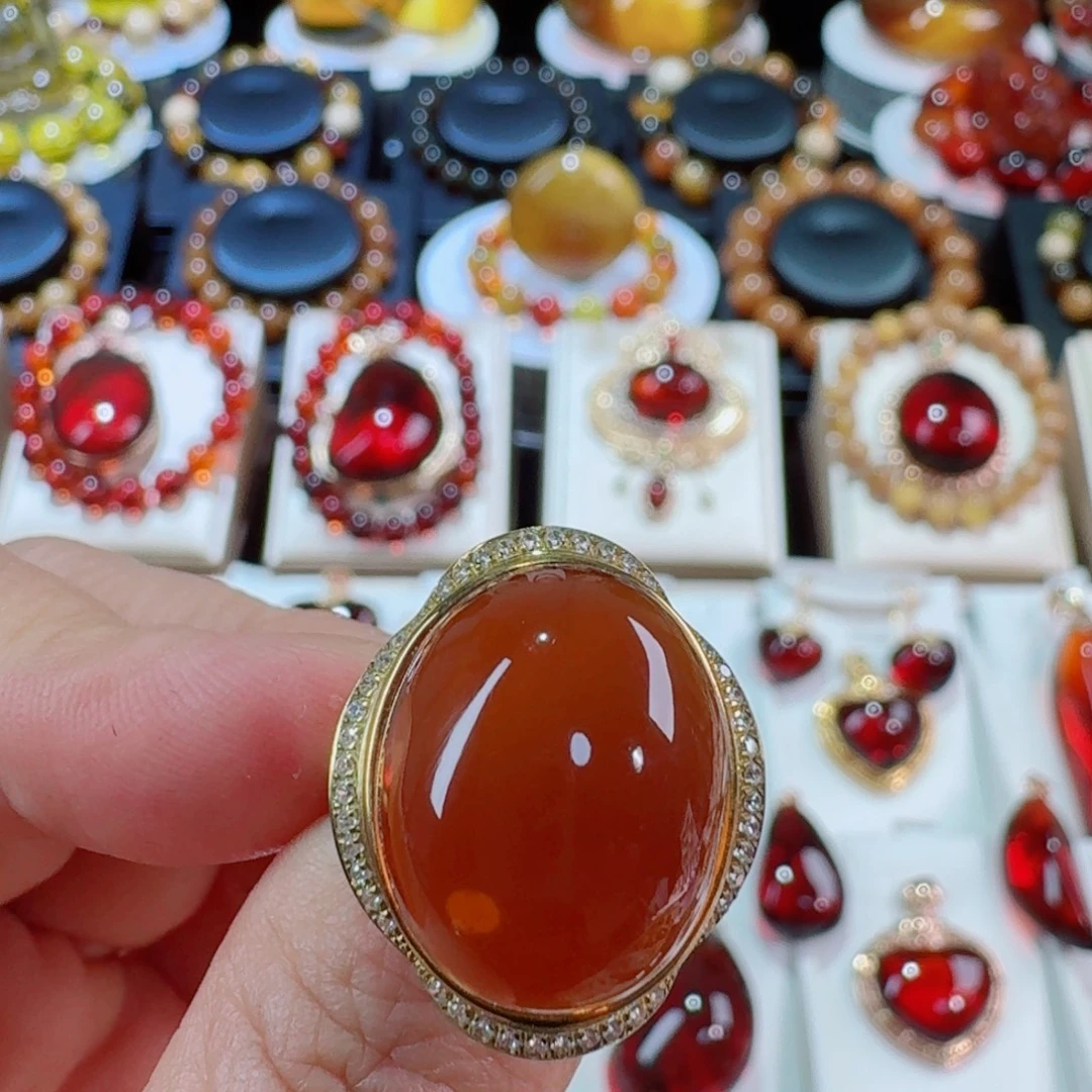 琥珀银S925镶嵌裸石天然缅甸琥珀戒指