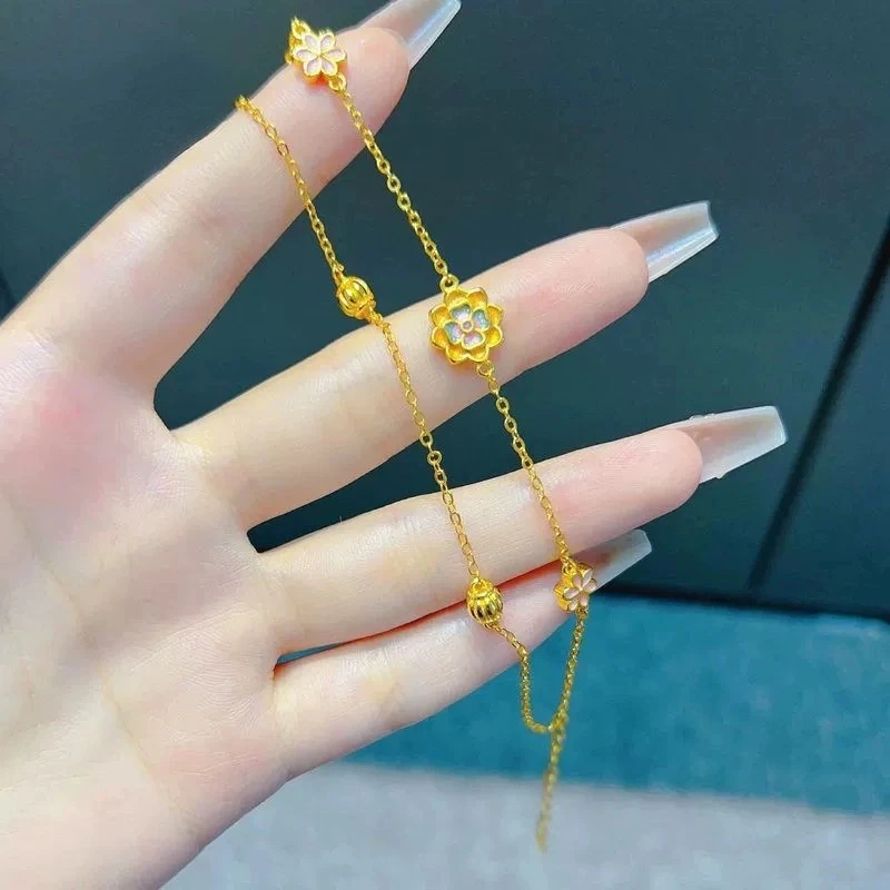 铜合金手链 莲花双层手链轻奢黄色坠链简约经典可调节精致款式