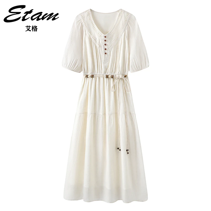 Etam/艾格法式度假风白色V领泡泡袖连衣裙2025夏季新款显瘦长裙