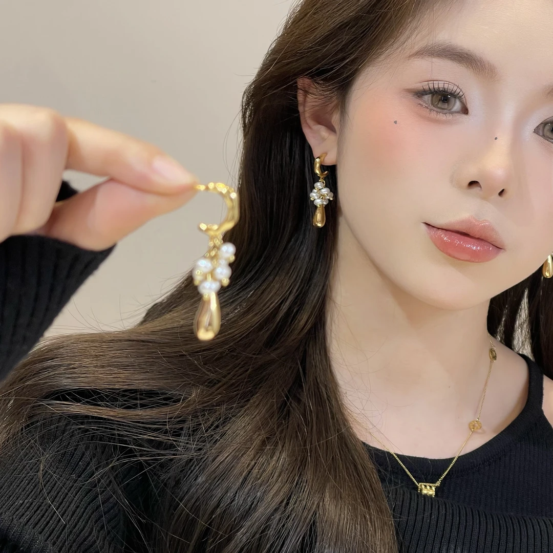 F212金色吊坠珠珠拼接耳钉高级百搭小众简约气质个性