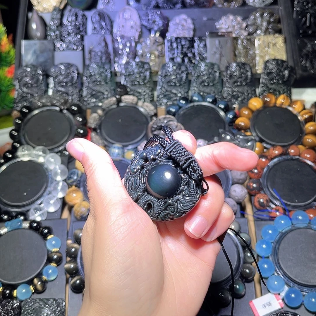 黑曜岩未镶嵌手串小*卷双龙护主鬼仙蓝