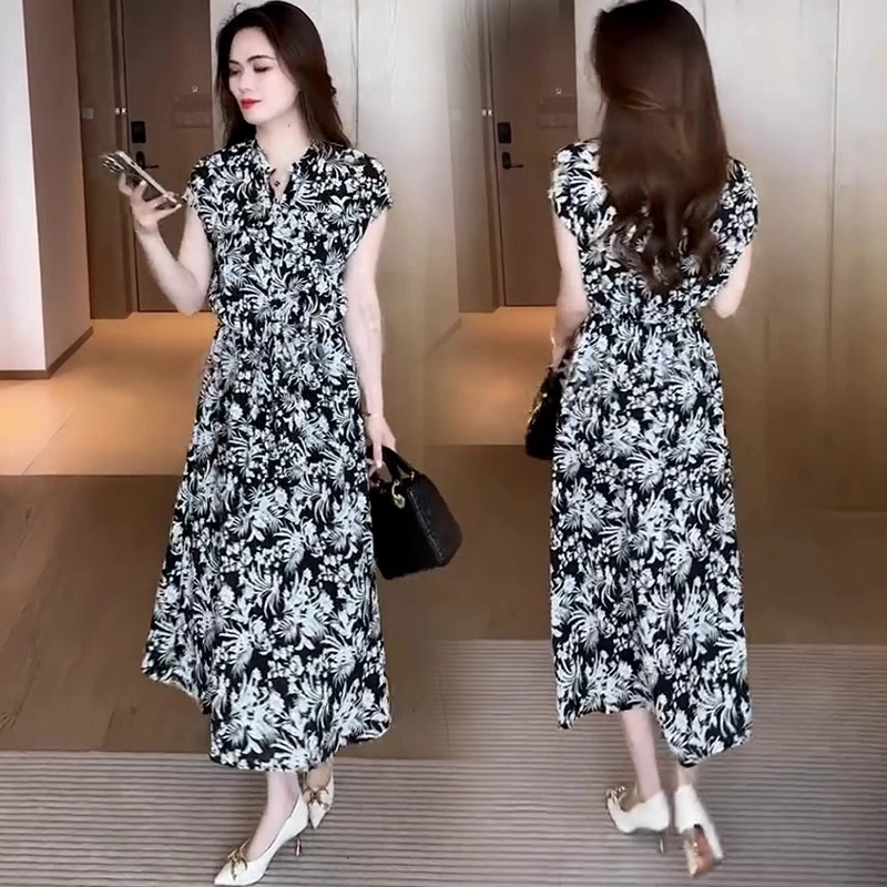 碎花雪纺连衣裙女2025夏季新款洋气收腰显瘦中长款假两件衬衫裙子