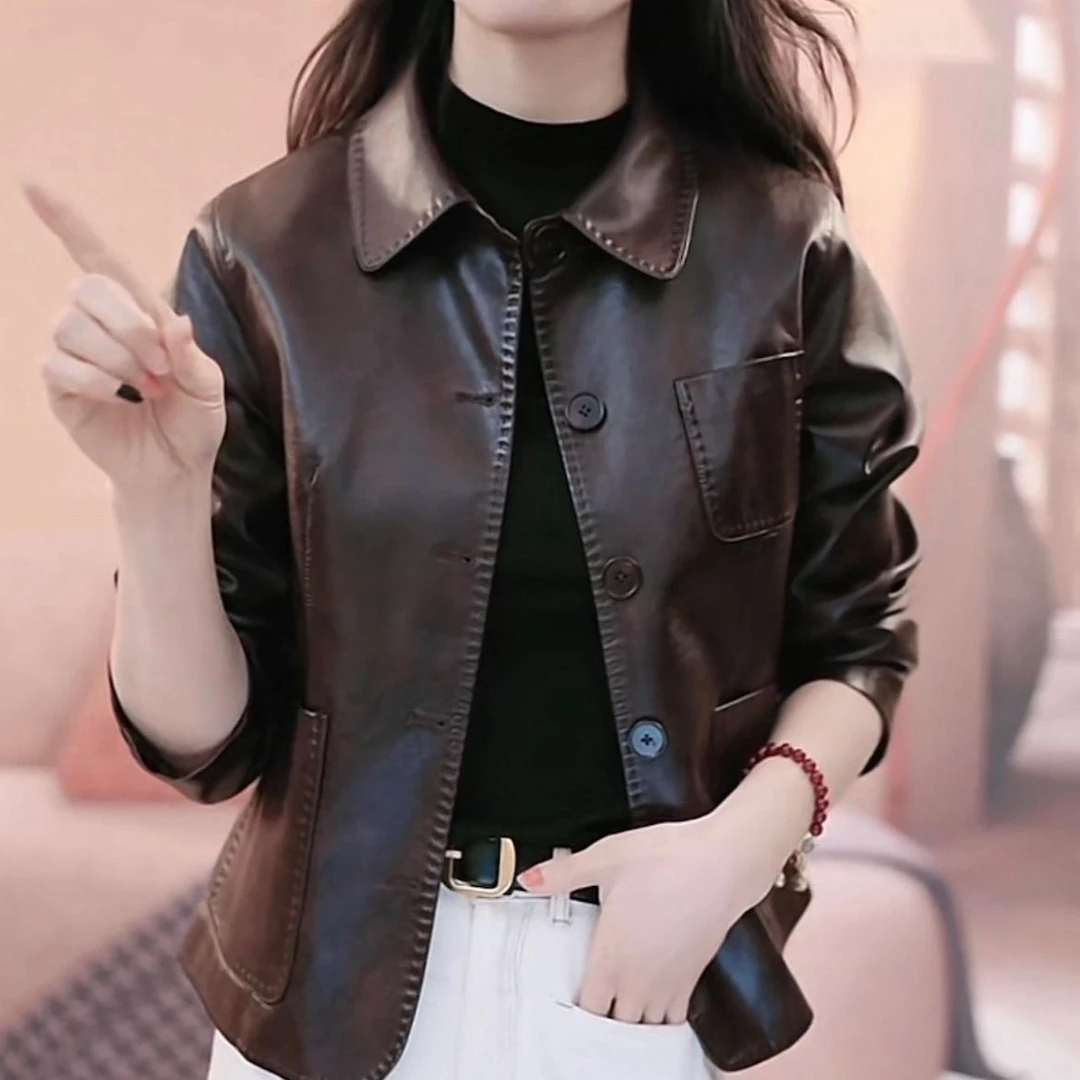 【单里衬】海宁2025春季新款中老年气质休闲显瘦小个子皮衣外套女