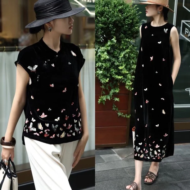 【蝶氛飞】国风夏季百搭高级感新中式定位蝴蝶刺绣丝绒上衣