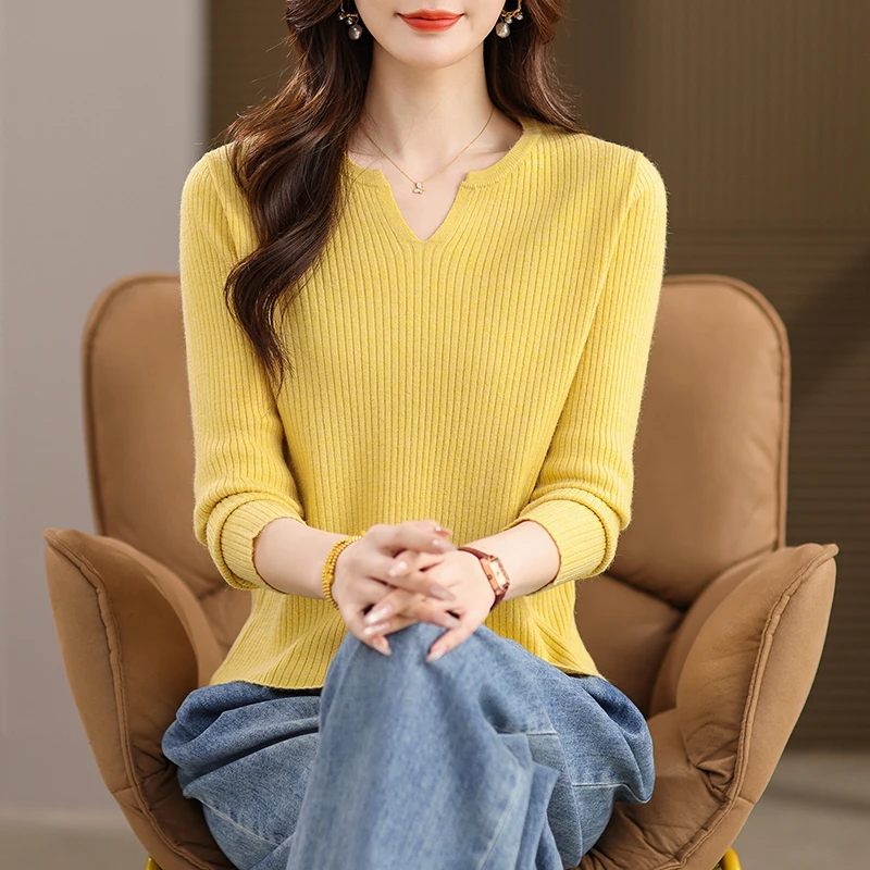 V领纯色针织上衣女早秋新款时尚百搭减龄打底衫XMY-1819