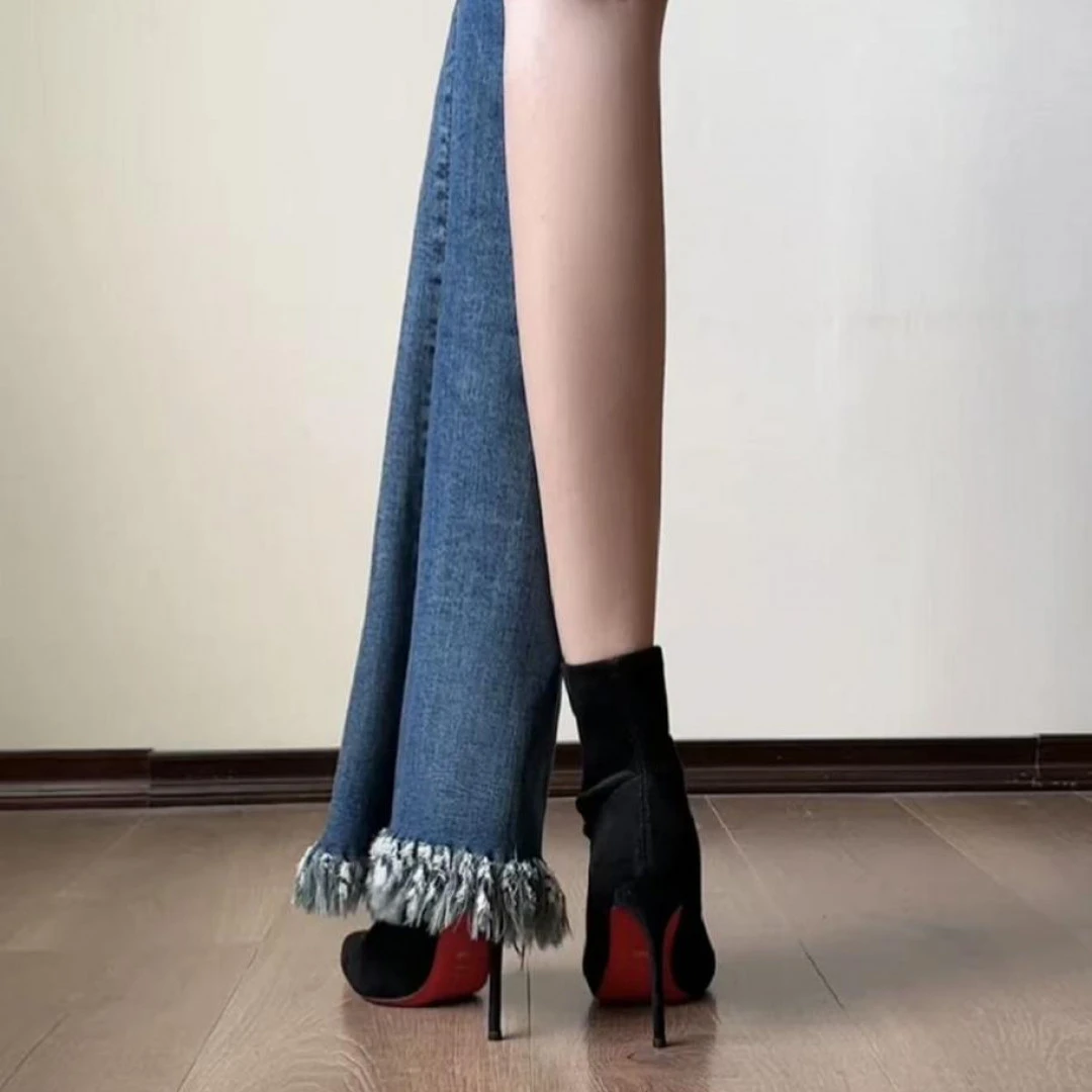 红底瘦瘦靴弹力靴裸靴不累脚舒适百搭黑色细跟尖头不累脚袜靴冬季