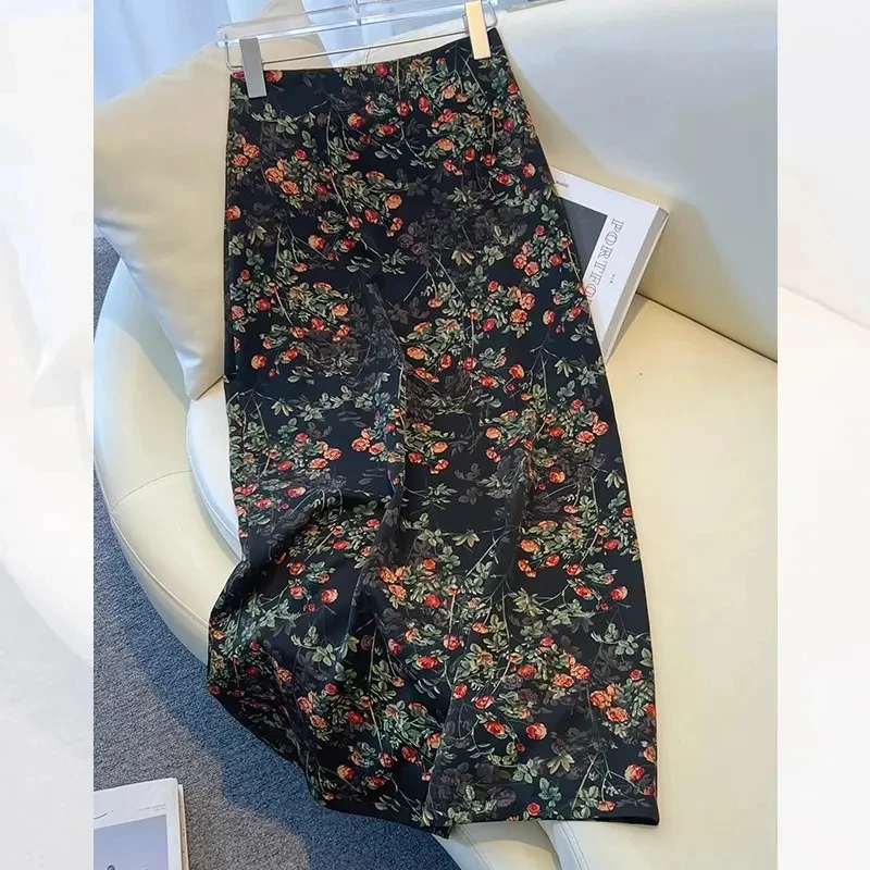 拉夏贝尔醋酸碎花半身裙女夏季2025新款高腰显瘦中长一步包臀裙子