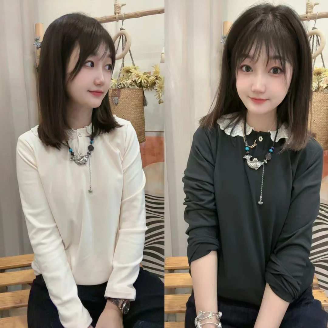 【美丽绽放】秋季新款 森系甜美时尚百搭洋气娃娃领立体刺绣打底衫