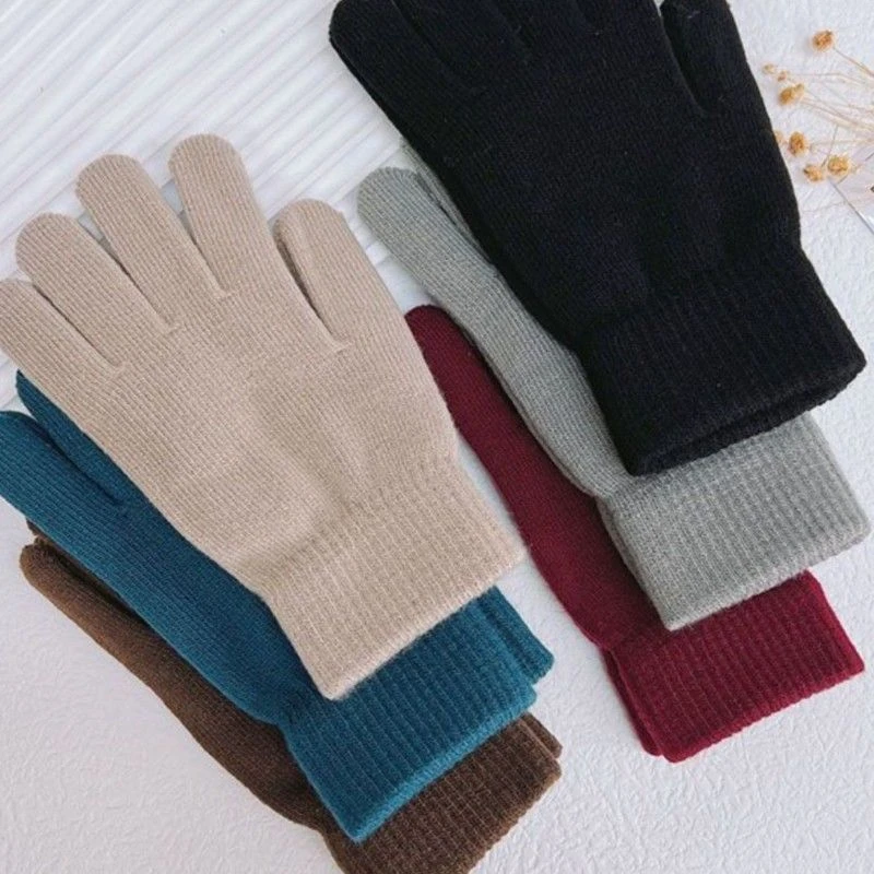 纯色针织手套男女士秋冬季保暖加绒弹力毛线分指学生骑行防寒手d1