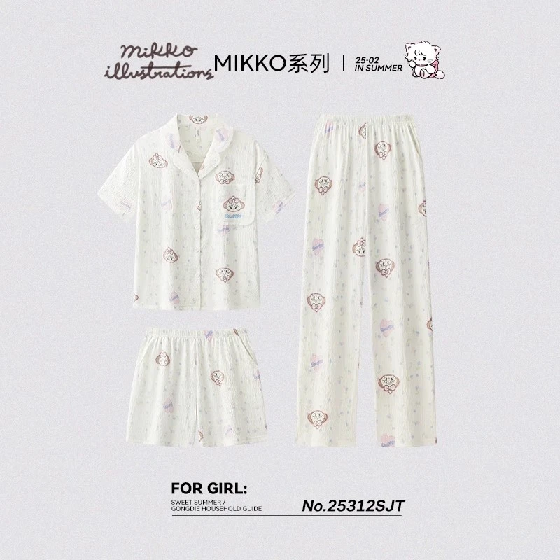 宫蝶【凉感型】mikko睡衣三件套夏季卡通可爱短袖长裤家居服套装