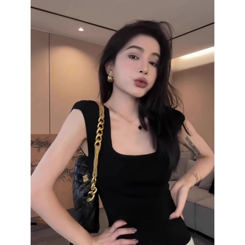 方领薄款针织衫夏季百搭法式气质无袖黑色打底衫修身小吊带上衣女