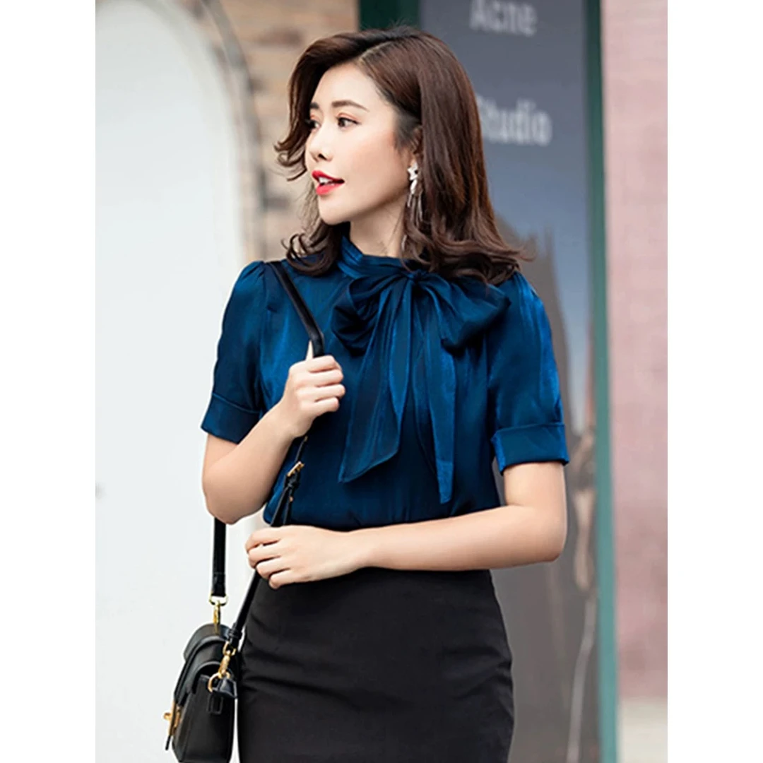 FB0289立领轻职风蝴蝶结纯色蝴蝶衬衫小众名媛性感风muji风C