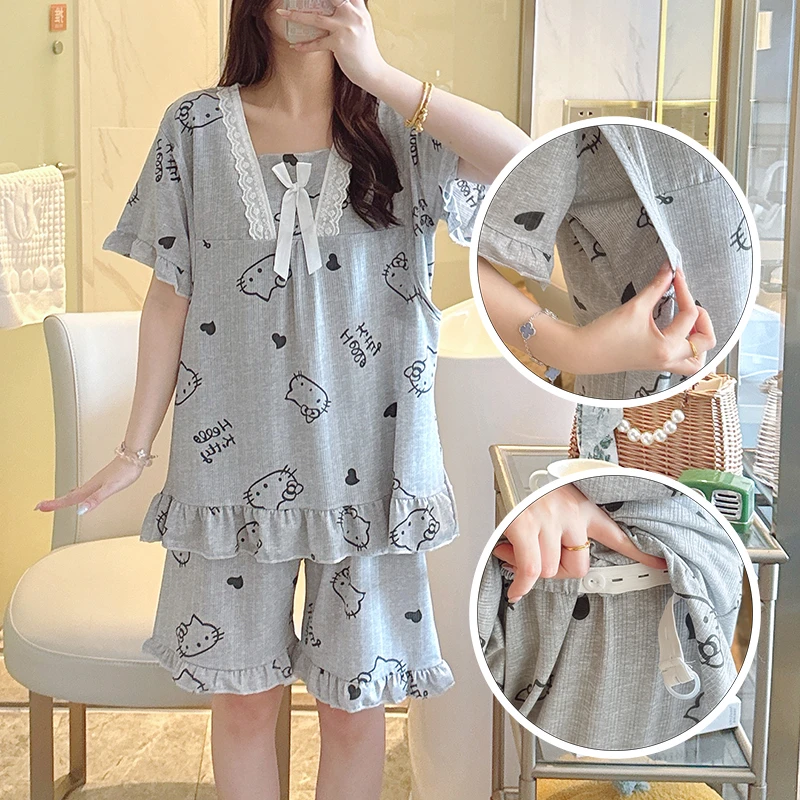 新款短袖月子服产后哺乳期母乳喂奶睡衣夏季孕妇家居服套装可外穿