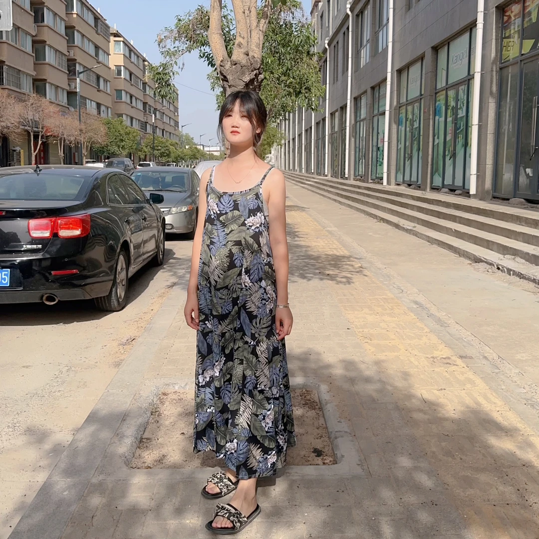 吊带棉绸连衣裙外穿加长款