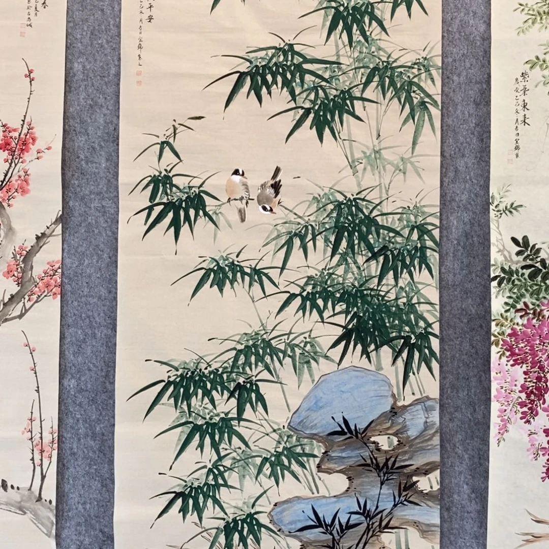 大***喽国画四尺竖幅紫藤竹子红梅