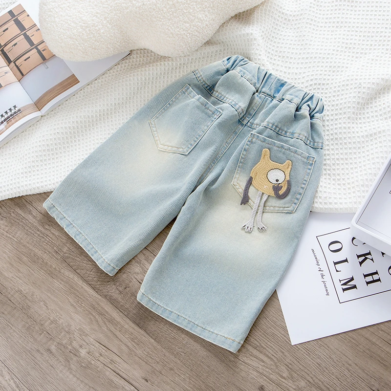 新款夏季儿童浅色小怪兽七分裤男女童休闲百搭牛仔裤潮