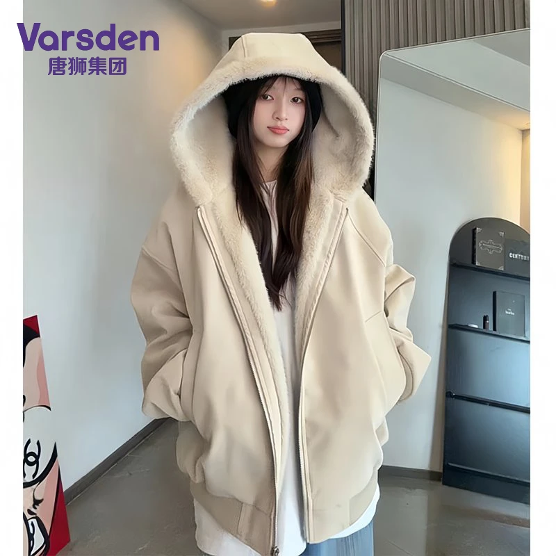唐狮集团Varsden荔枝纹皮连帽外套冬季加绒加厚皮衣毛领男款夹克