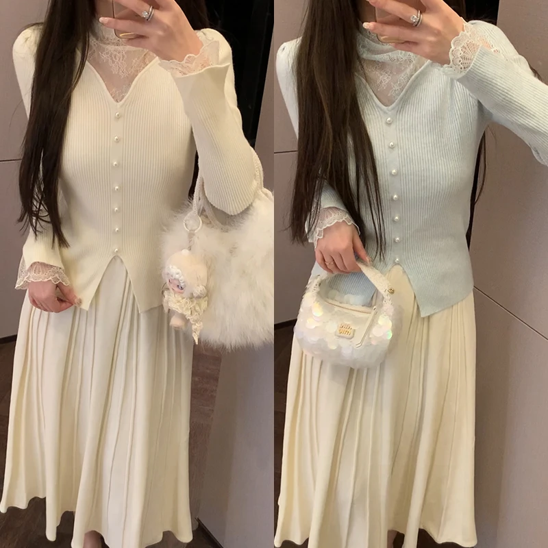 【mimius】&喵喵  半高领蕾丝拼接针织衫汉服()WF12119