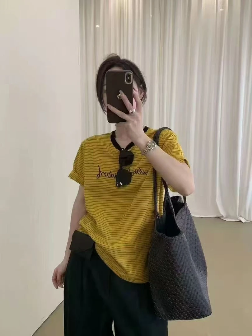 22086黄色圆领条纹T恤