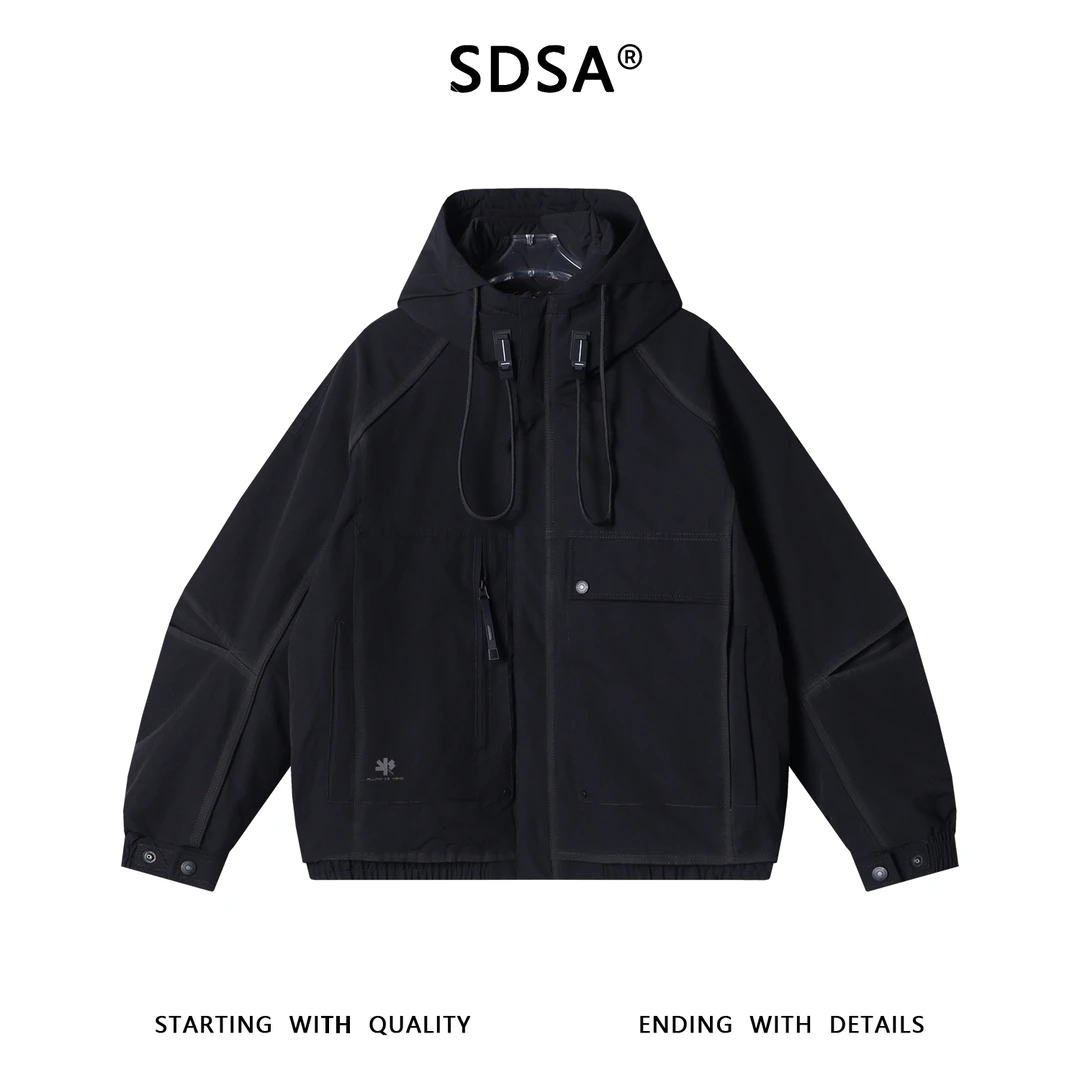 SDSA男士秋冬新款痞帅男装潮牌工装拉链立领连帽羽绒服外套百搭