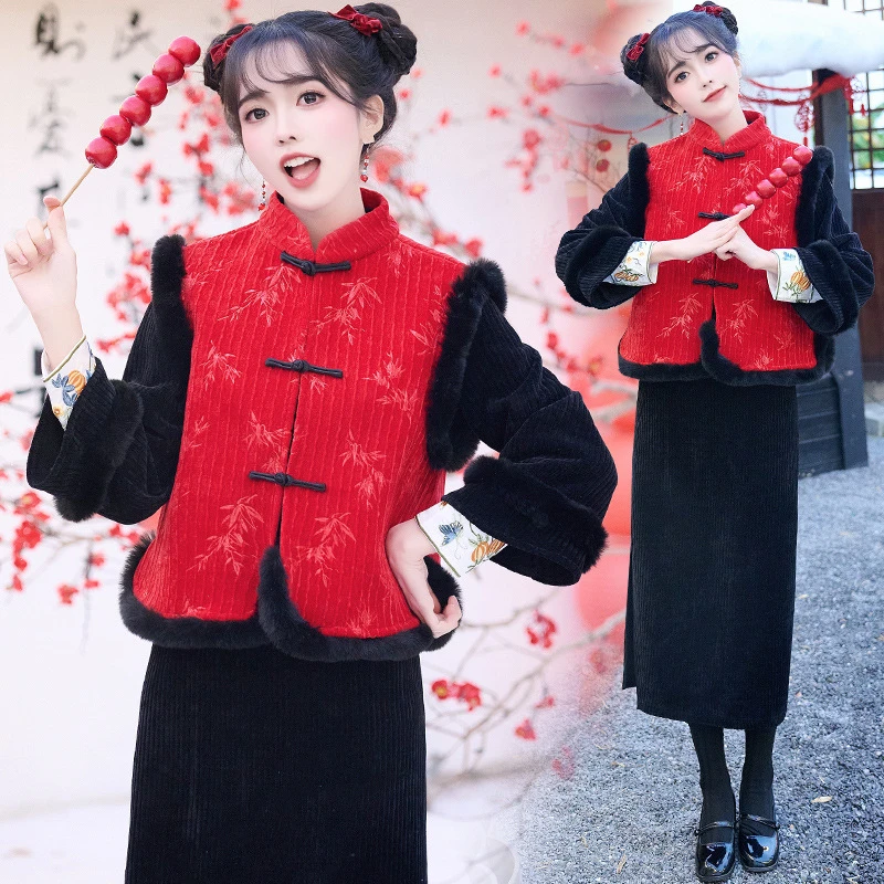 实拍新中式国潮唐装立领刺绣加厚旗袍提花毛边拜年喜庆马甲两件套