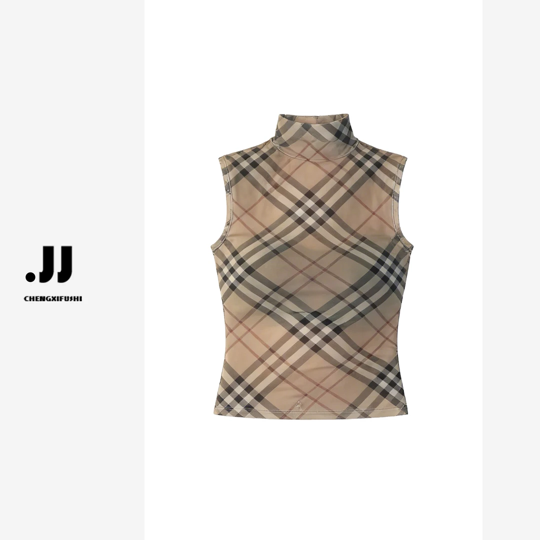 Y2515 古早时代复古格纹弹力网纱半透中领收腰显瘦无袖背心吊带女