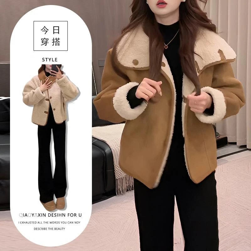 美式别致显气质两件套装女2025冬季高级感两面穿保暖外套黑色裤子