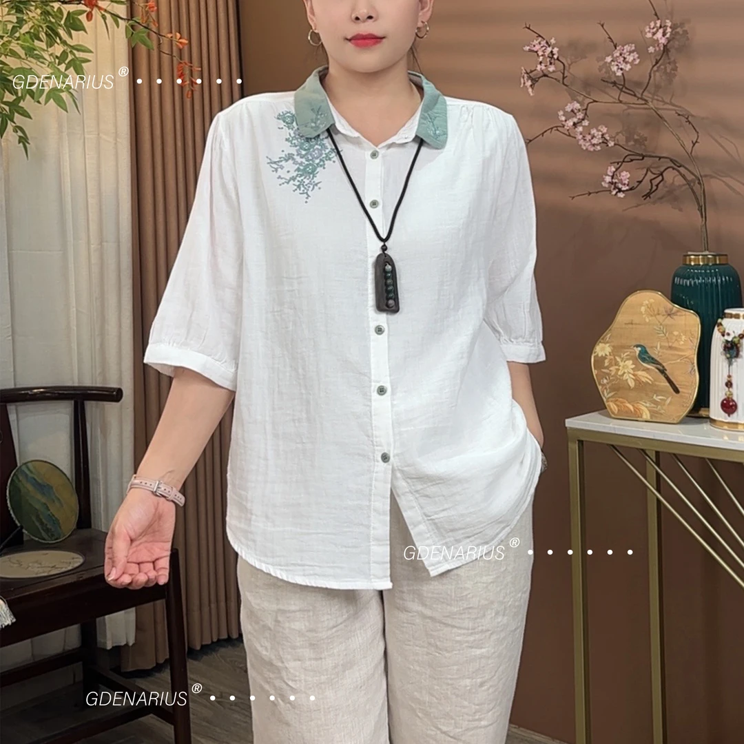 夏季刺绣拼色短袖方领衬衫舒适好穿易打理宽松上衣气质百搭外衬