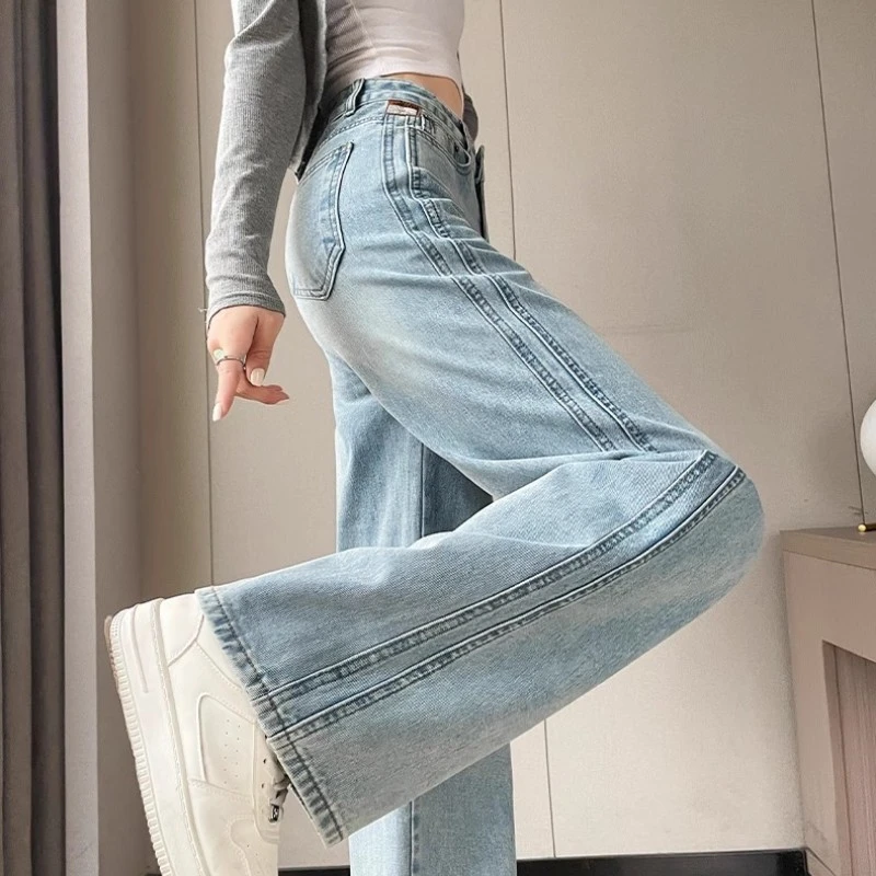 复古蓝直筒牛仔裤女潮流百搭新品高腰显瘦窄版高街设计感阔腿裤子