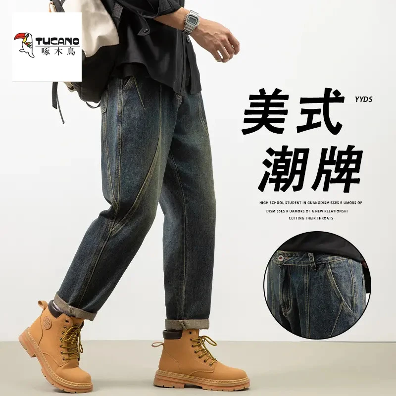 TUCANO/啄木鳥秋冬美式复古锥形牛仔裤男士宽松直筒加绒休闲长裤