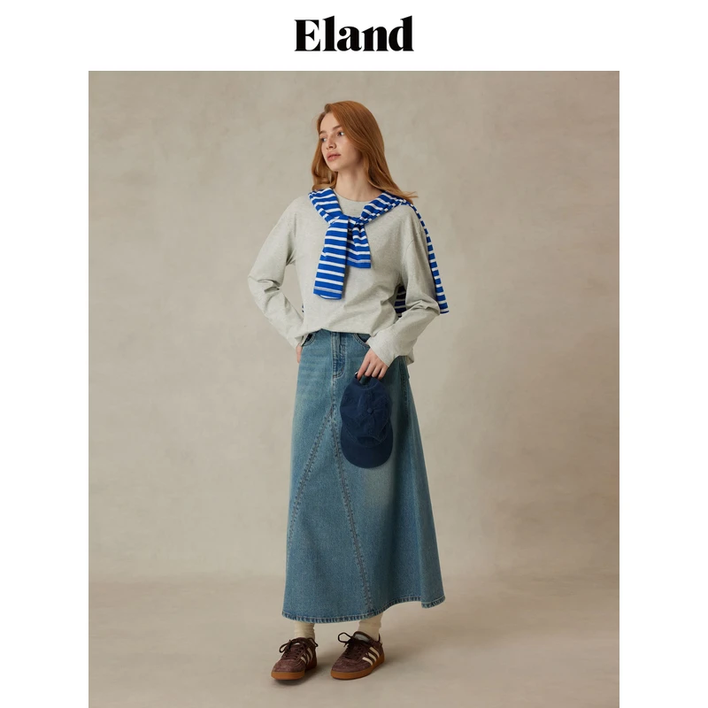 【女装优选KY】Eland衣恋T恤女圆领宽松长袖上衣2025春季EELAF12E01