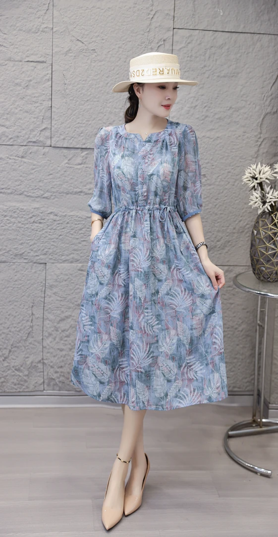 【时装高定款】流光星蓝气质修身时尚休闲夏季高端大码妈妈装连衣裙