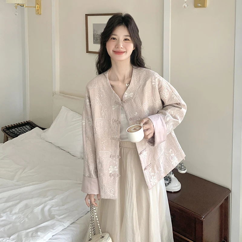 新中式国风盘扣气质粉色外套女春秋2025新款甜美减龄女款洋气上衣