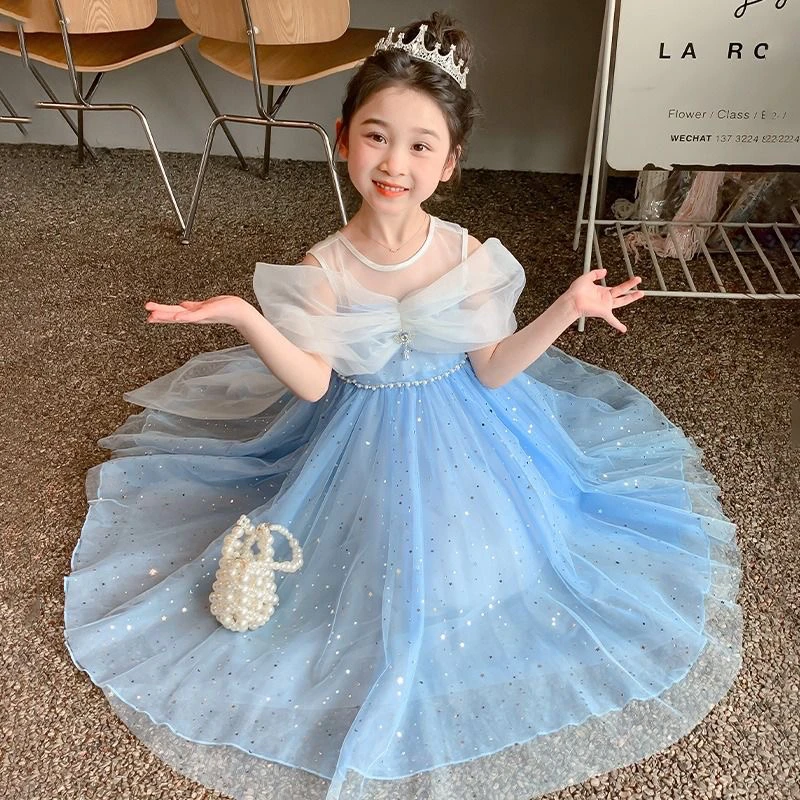 女童夏装连衣裙露肩网纱亮片艾莎公主裙2025新款夏季儿童生日礼服