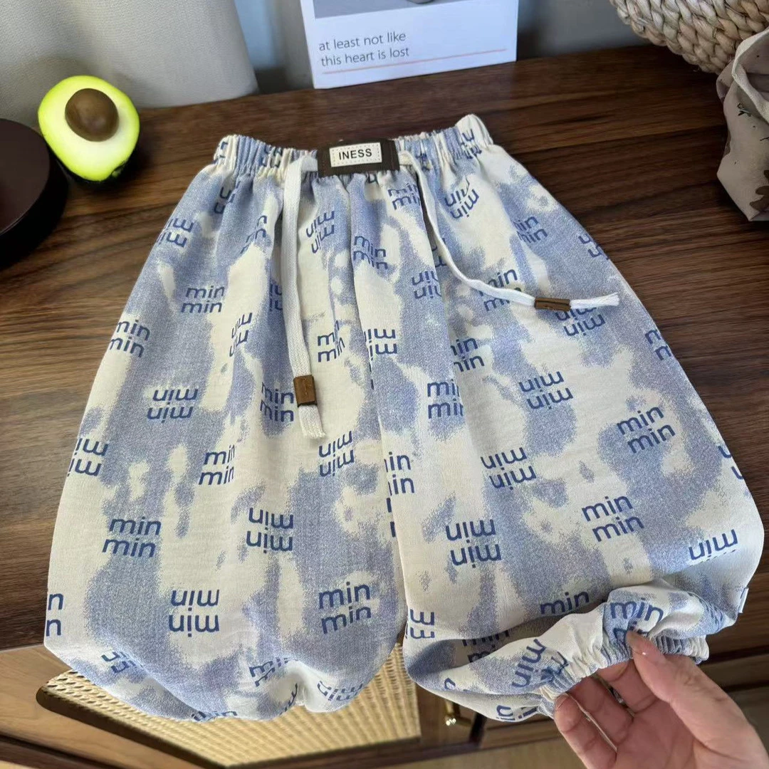 (冰丝麻)夏季新款宽松时尚洋气碎花透气薄款儿童宝宝防蚊束脚裤