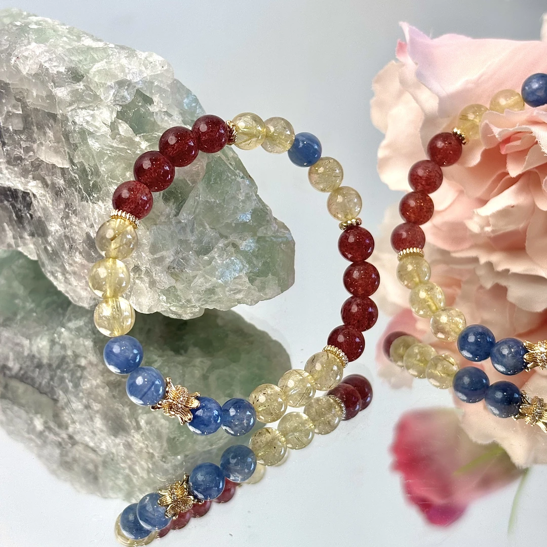 【纸醉金迷】黄发晶蓝晶石草莓晶7-8mm手串面小仙多样性发其一